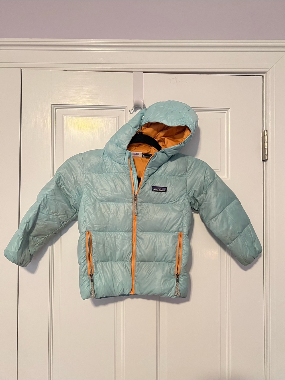 Patagonia Kids Aqua Hooded Puffer Jacket with Orange Trim
